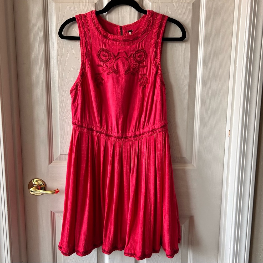 Free People Bright Red Embroidered Dress, Romantic Dreamy Feminine